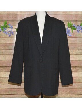 Jacqueline Ferrar Size 6 Black VTG USA Wool Blend Single Button Jacket Blazer